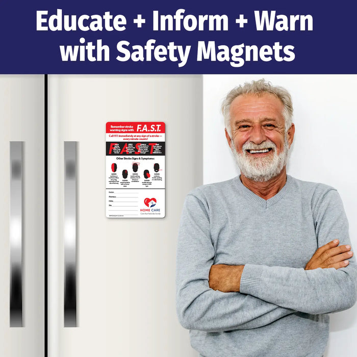 Stroke awareness magnet featuring the F.A.S.T. acronym: Face drooping, Arm weakness, Speech difficulty, and Time to call 911. Includes silhouettes illustrating additional stroke symptoms like sudden numbness, headache, walking trouble, vision issues, and confusion. Emergency contact fields and customizable logo/text area included.