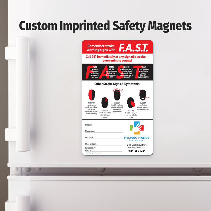Fridge magnet with F.A.S.T. stroke awareness information on a white refrigerator.
