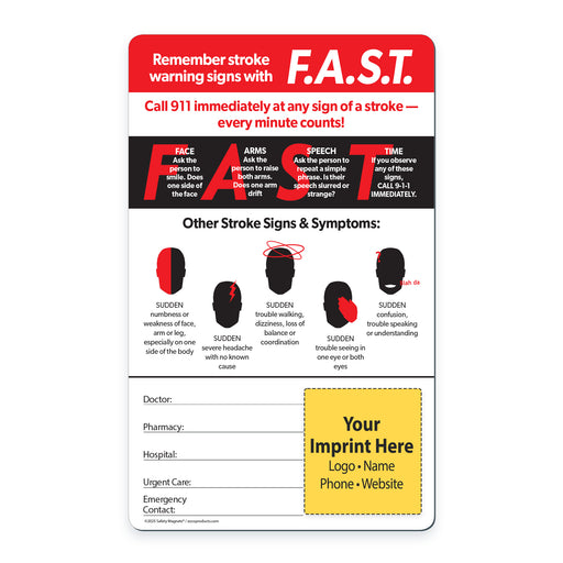F.A.S.T. stroke warning sign with quick reference guide on a white background