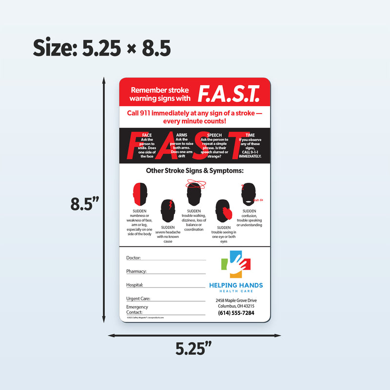 F.A.S.T. stroke awareness poster with dimensions on a light gray background