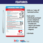 Choking first aid magnet with step-by-step instructions for infants under 1 year (back slaps and chest thrusts), children over 1 year and adults (abdominal thrusts), and unconscious victims (CPR). Includes emergency contact fields and customizable logo/text area.