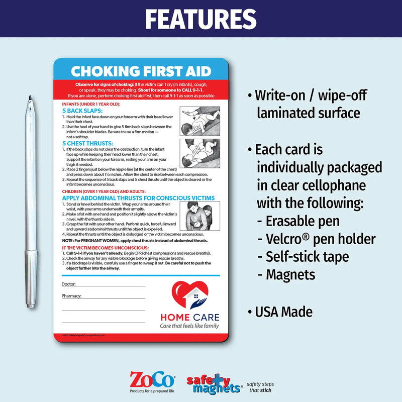Choking first aid magnet with step-by-step instructions for infants under 1 year (back slaps and chest thrusts), children over 1 year and adults (abdominal thrusts), and unconscious victims (CPR). Includes emergency contact fields and customizable logo/text area.