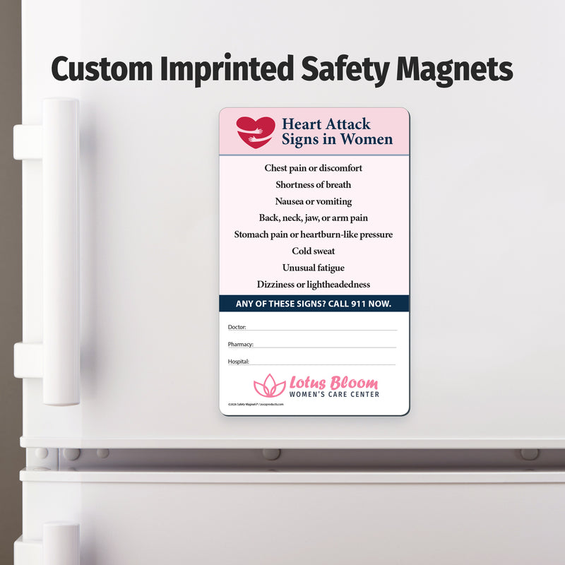 Safety magnet on a refrigerator door with text about heart attack signs in women