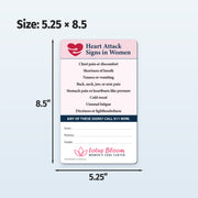 Card with heart attack signs in women information with dimensions 5.25 x 8.5 inches.