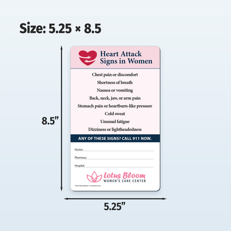 Card with heart attack signs in women information with dimensions 5.25 x 8.5 inches.