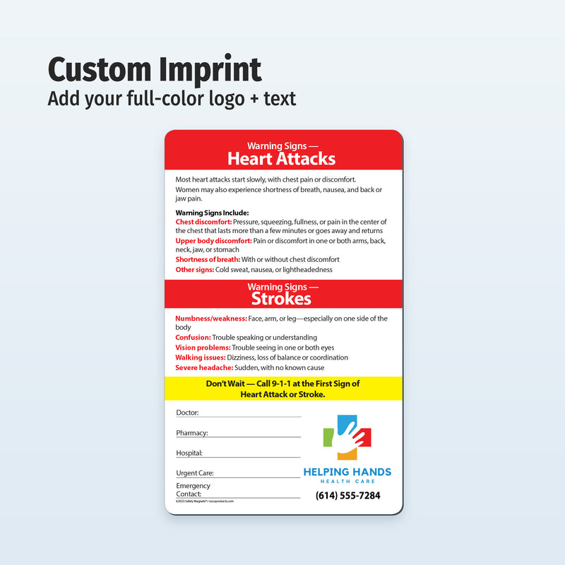 Custom fridge magnet about heart attack and stroke warning signs with customizable fields