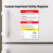 Safety magnet on a refrigerator door with text about heart attacks and strokes.