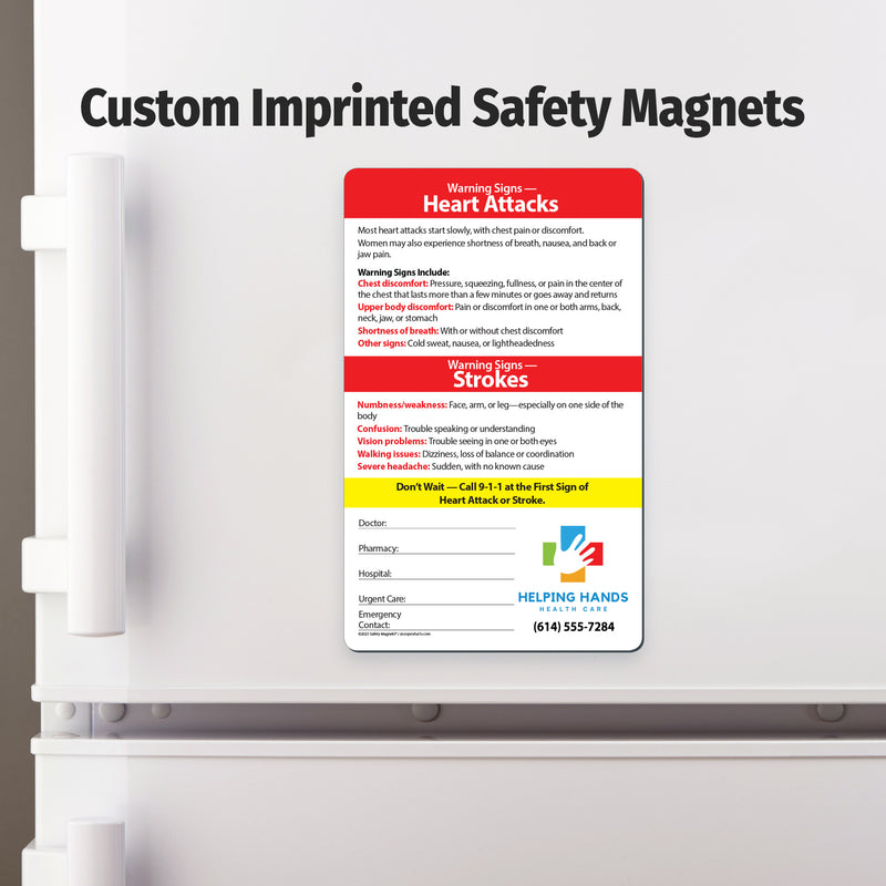 Safety magnet on a refrigerator door with text about heart attacks and strokes.