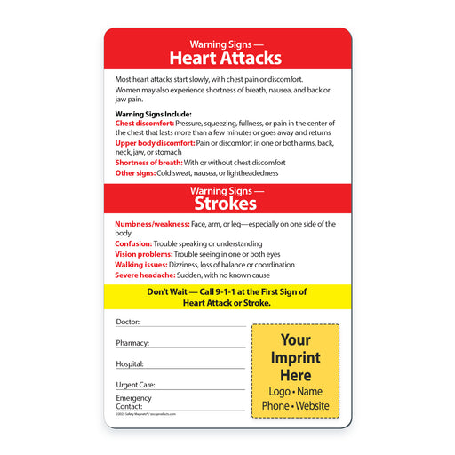 Custom fridge magnet about heart attack and stroke warning signs with customizable fields on a white background.