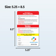 Custom magnet with warning signs for heart attacks and strokes, including dimensions and emergency numbers.