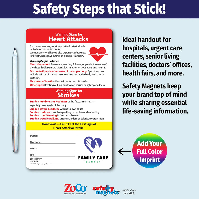 Heart Attack / Stroke Signs - Mini Quick Reference Cards w/ Magnet & Marker - 5.25" x 8.5" - (Min Qty 100)