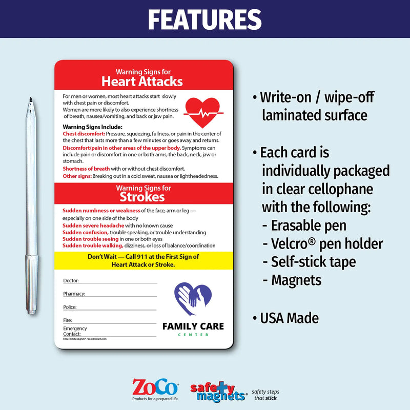 Heart Attack / Stroke Signs - Mini Quick Reference Cards w/ Magnet & Marker - 5.25" x 8.5" - (Min Qty 100)