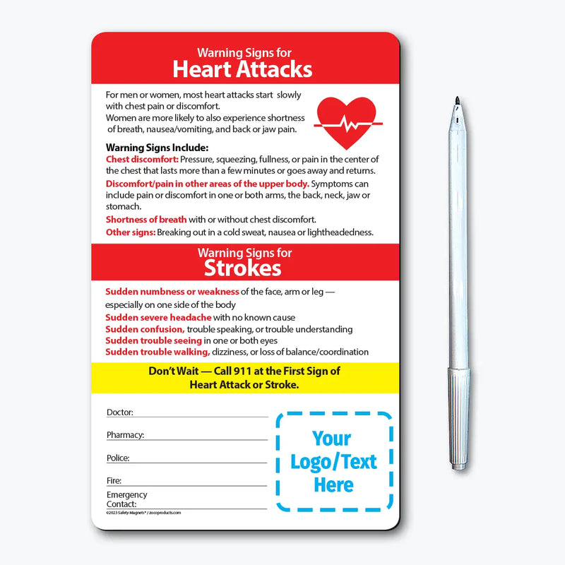 Heart Attack / Stroke Signs - Mini Quick Reference Cards w/ Magnet & Marker - 5.25" x 8.5" - (Min Qty 100)
