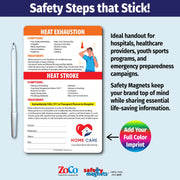 Heat stress safety magnet showing symptoms and treatment for heat exhaustion and heat stroke. Advises moving to a cool area, hydrating, and calling 911 for severe symptoms. Includes emergency contact fields and customizable logo/text area.