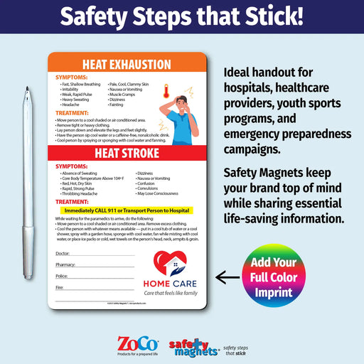 Heat stress safety magnet showing symptoms and treatment for heat exhaustion and heat stroke. Advises moving to a cool area, hydrating, and calling 911 for severe symptoms. Includes emergency contact fields and customizable logo/text area.