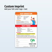 Health safety card for heat exhaustion and heat stroke with contact information on a light gray background