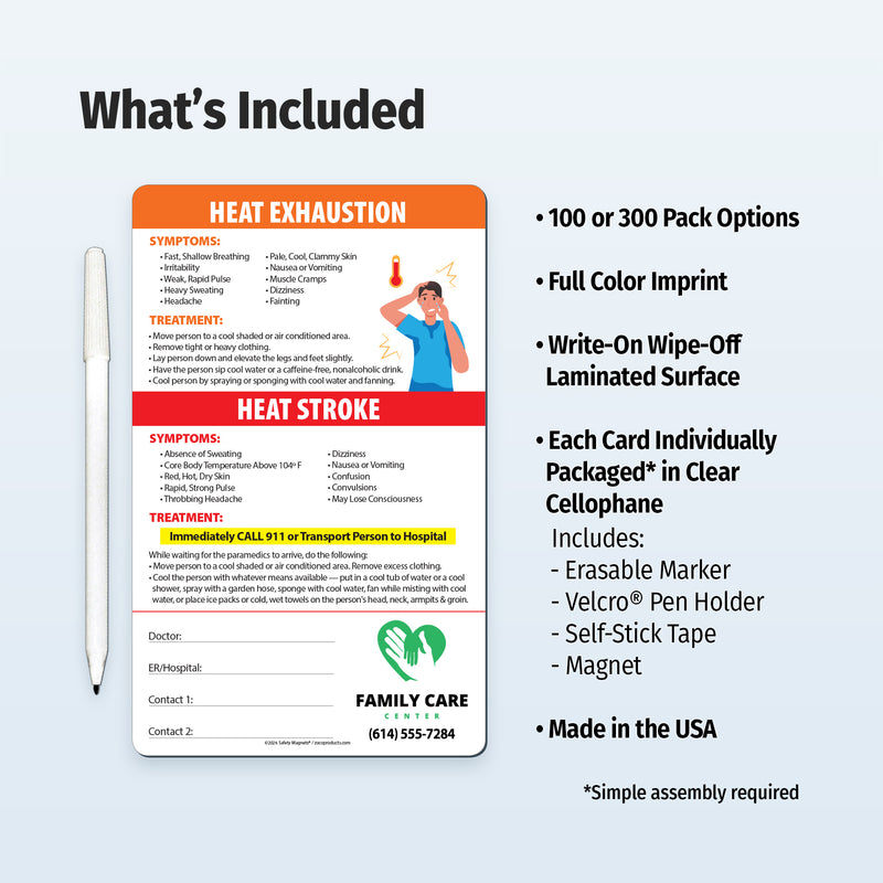 Custom fridge magnets about heat exhaustion and heat stroke with symptoms and treatments.