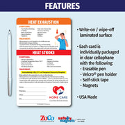 Heat stress safety magnet showing symptoms and treatment for heat exhaustion and heat stroke. Advises moving to a cool area, hydrating, and calling 911 for severe symptoms. Includes emergency contact fields and customizable logo/text area.