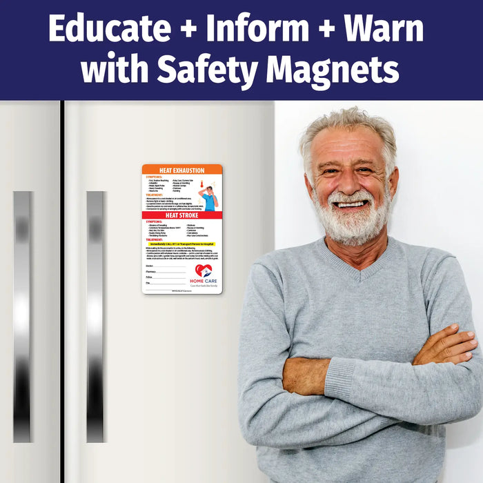 Heat stress safety magnet showing symptoms and treatment for heat exhaustion and heat stroke. Advises moving to a cool area, hydrating, and calling 911 for severe symptoms. Includes emergency contact fields and customizable logo/text area.