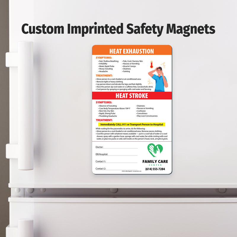 Custom imprinted safety magnet on a refrigerator door with text about heat exhaustion and heat stroke.