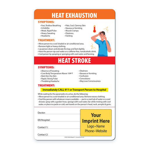 Custom fridge magnets about heat exhaustion and heat stroke with symptoms and treatments.
