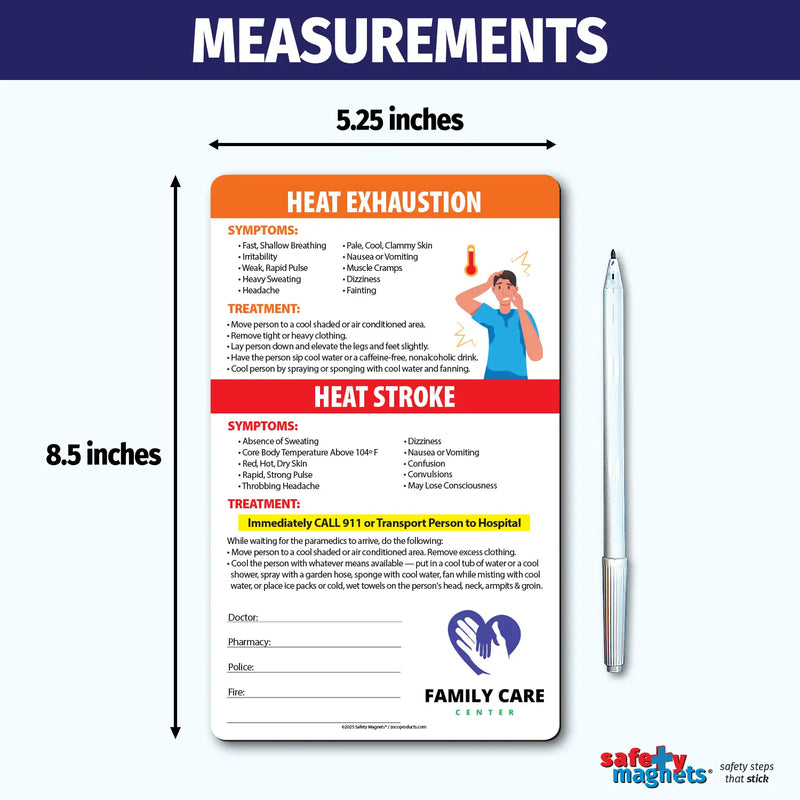 Heat stress safety magnet showing symptoms and treatment for heat exhaustion and heat stroke. Advises moving to a cool area, hydrating, and calling 911 for severe symptoms. Includes emergency contact fields and customizable logo/text area.