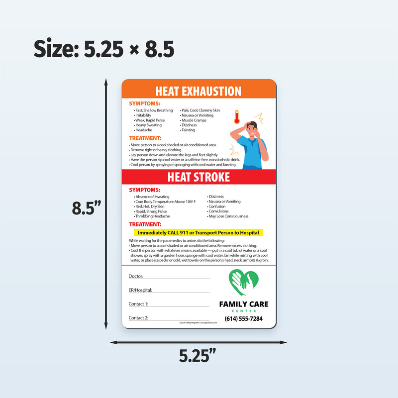 Informational magnets about heat exhaustion and heat stroke with measurements on a light blue background