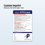 Hurricane preparedness magnet with customizable text and logo on a light blue background