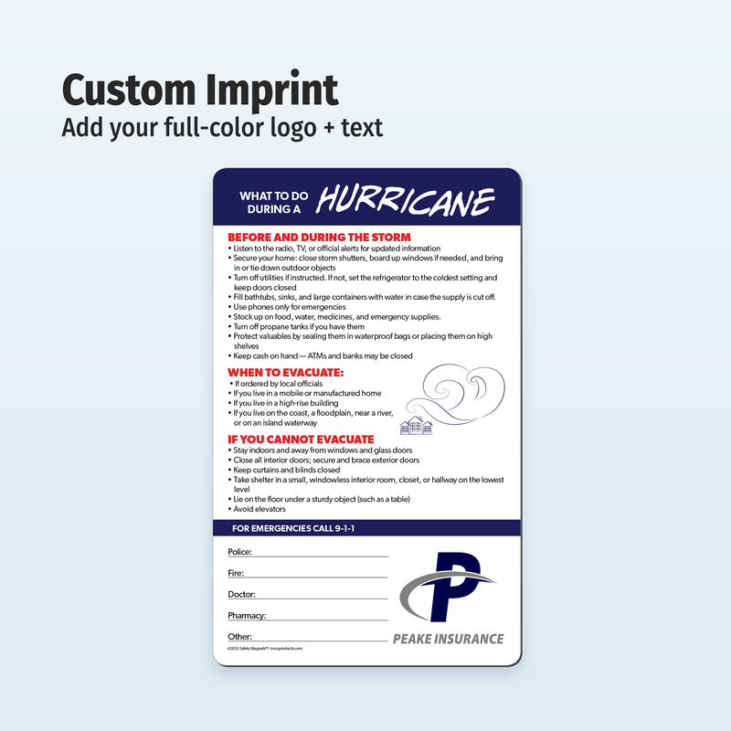 Hurricane preparedness magnet with customizable text and logo on a light blue background
