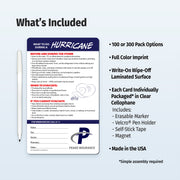 Hurricane preparedness card with pen and details on a light blue background