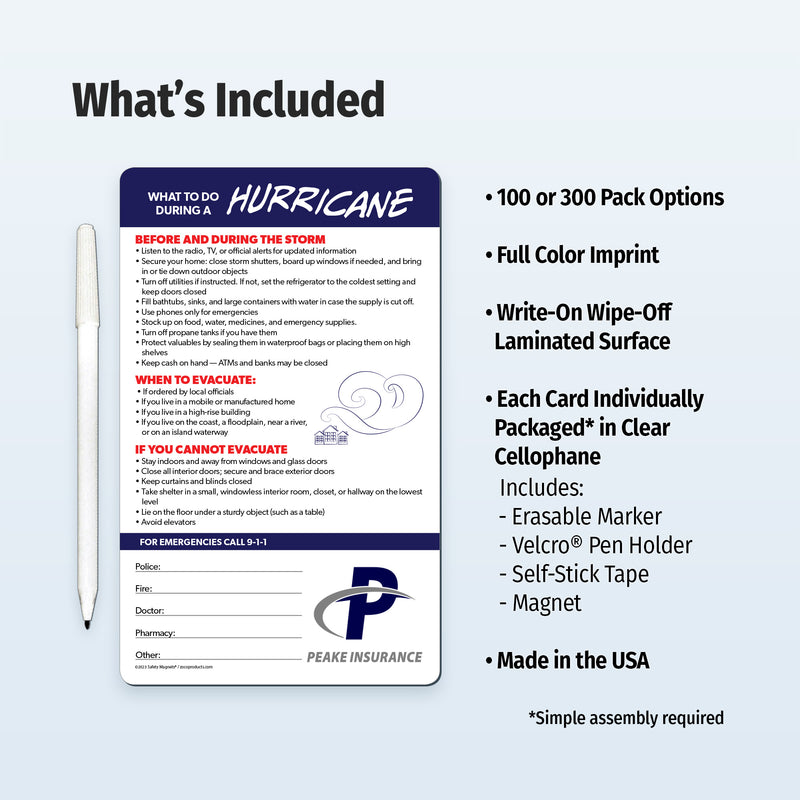 Hurricane preparedness card with pen and details on a light blue background