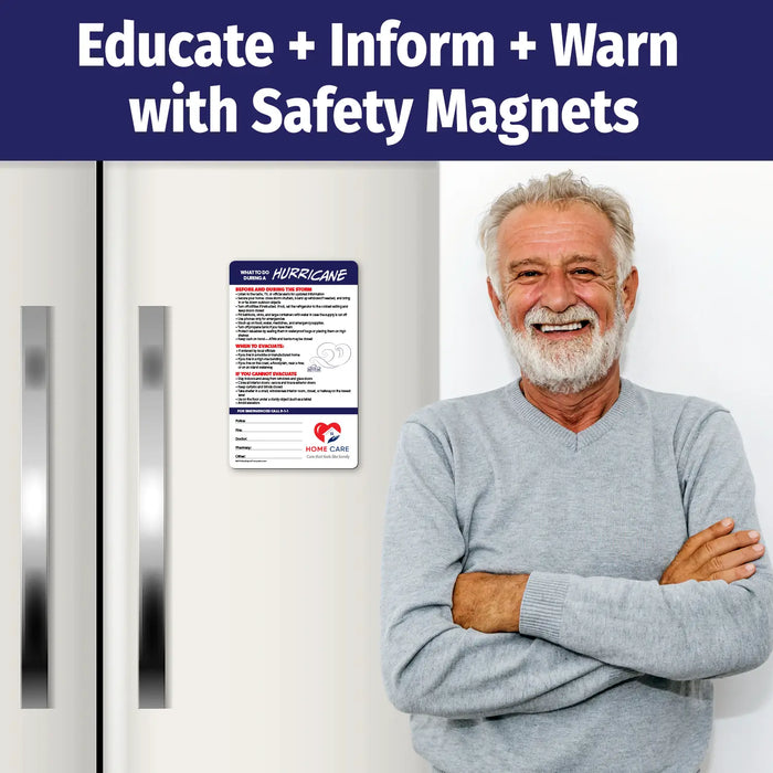 Hurricane preparedness and safety instruction magnet. Provides guidance for before and during the storm, when to evacuate, and what to do if you cannot evacuate. Tips include securing your home, stocking supplies, seeking safe shelter, and avoiding elevators. Includes emergency contact fields and customizable logo/text area at the bottom.