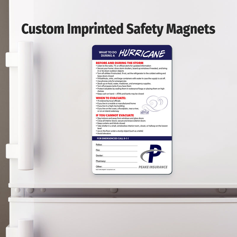 Custom imprinted safety magnet on a refrigerator door