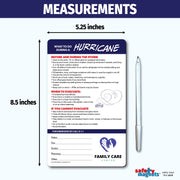 Hurricane preparedness and safety instruction magnet. Provides guidance for before and during the storm, when to evacuate, and what to do if you cannot evacuate. Tips include securing your home, stocking supplies, seeking safe shelter, and avoiding elevators. Includes emergency contact fields and customizable logo/text area at the bottom.
