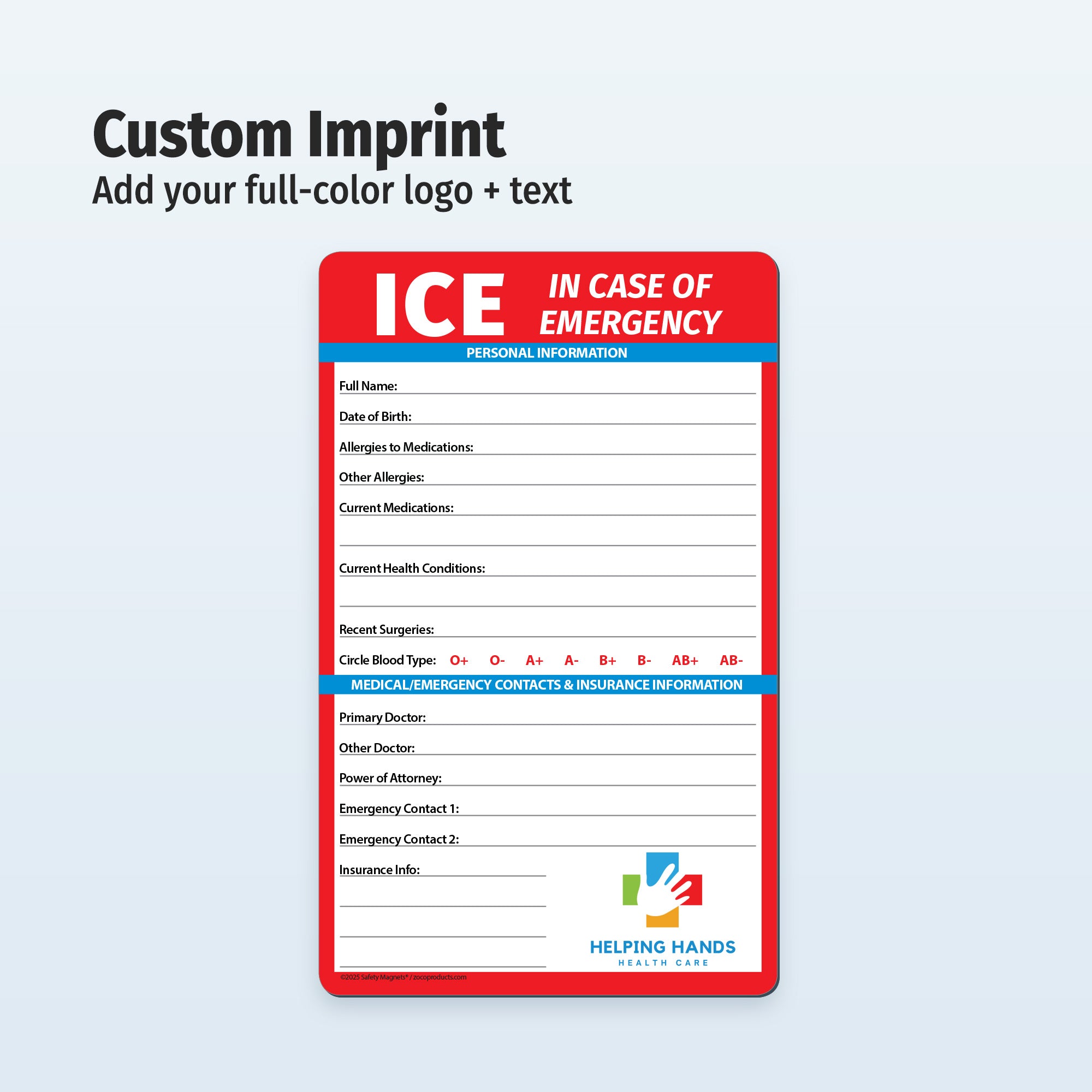 In Case of Emergency card with customizable fields on a light gray background