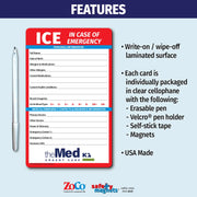 In Case of Emergency (ICE) magnet for personal medical details and emergency contacts. Includes fields for name, date of birth, allergies, medications, surgeries, blood type, doctors, contacts, and insurance information. Customizable logo/text area at the bottom.