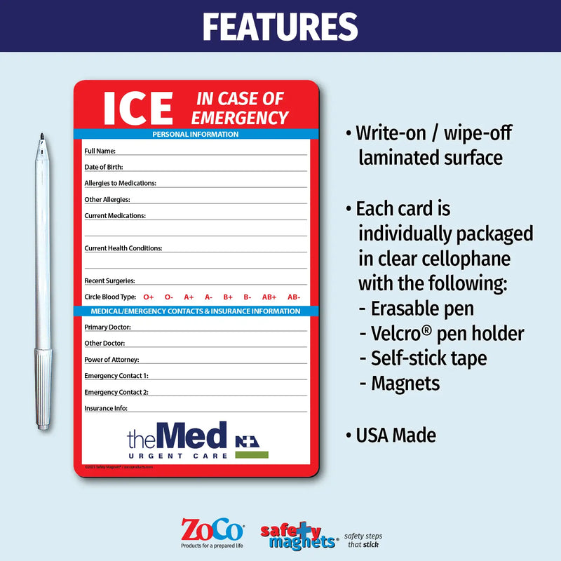 In Case of Emergency (ICE) magnet for personal medical details and emergency contacts. Includes fields for name, date of birth, allergies, medications, surgeries, blood type, doctors, contacts, and insurance information. Customizable logo/text area at the bottom.