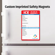 Custom imprinted safety magnet on a refrigerator door with 'ICE' and emergency contact information.