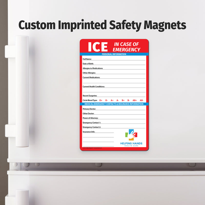 Custom imprinted safety magnet on a refrigerator door with 'ICE' and emergency contact information.