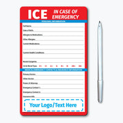 In Case of Emergency (ICE) magnet for personal medical details and emergency contacts. Includes fields for name, date of birth, allergies, medications, surgeries, blood type, doctors, contacts, and insurance information. Customizable logo/text area at the bottom.