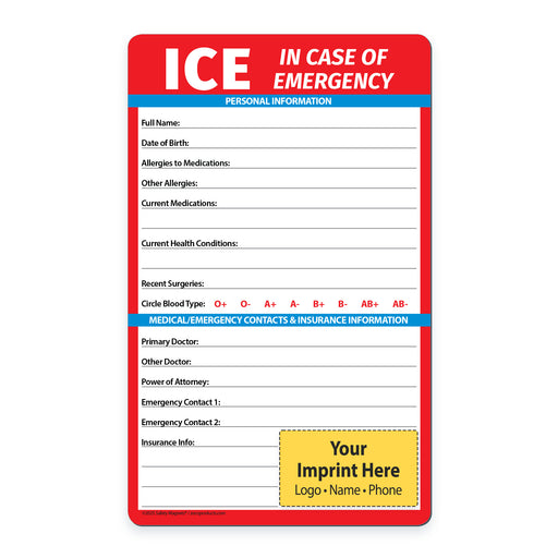 ICE In Case of Emergency card with red border and white background