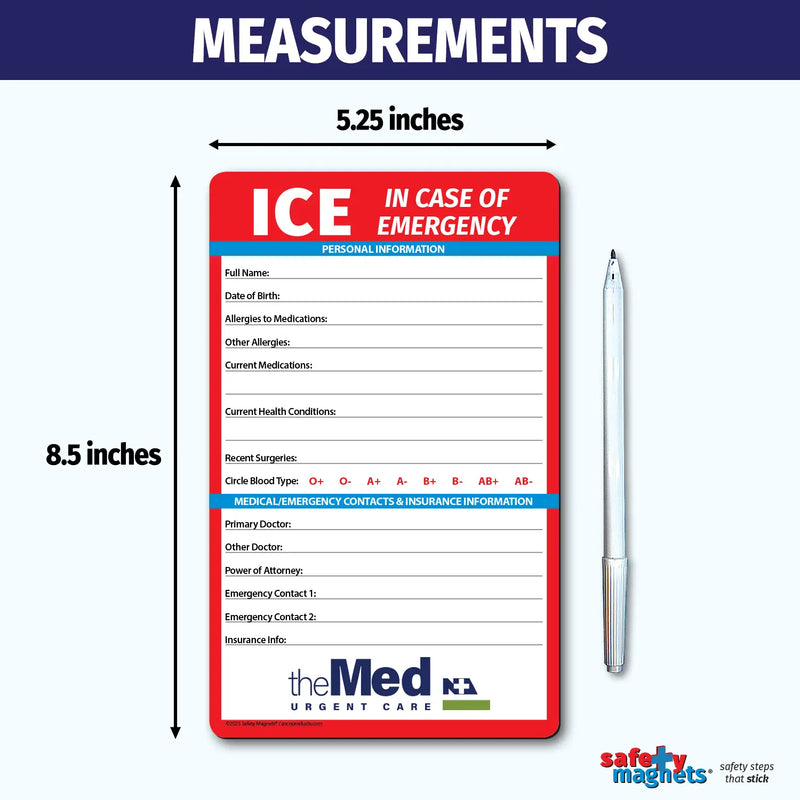 In Case of Emergency (ICE) magnet for personal medical details and emergency contacts. Includes fields for name, date of birth, allergies, medications, surgeries, blood type, doctors, contacts, and insurance information. Customizable logo/text area at the bottom.
