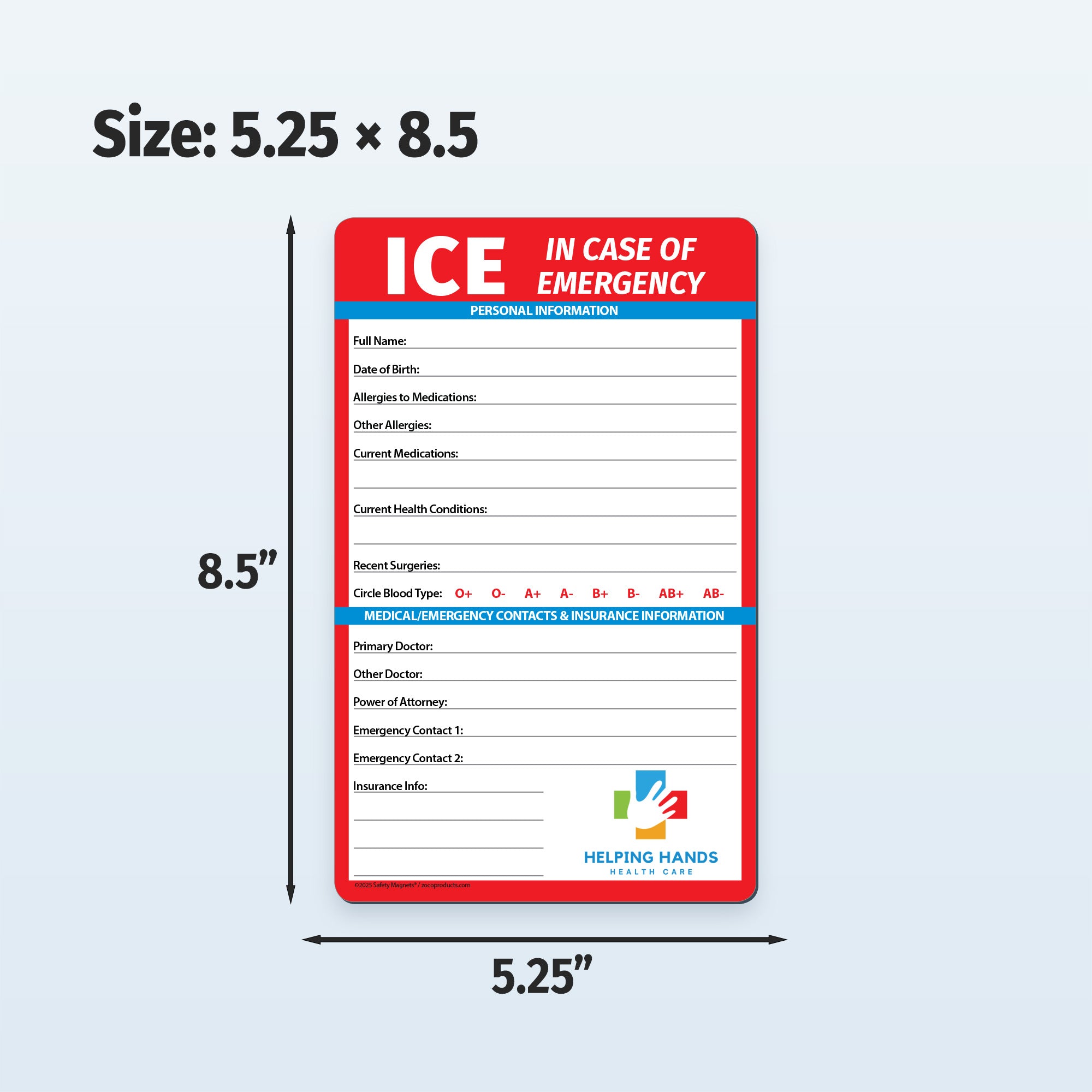 ICE (In Case of Emergency) card with dimensions on a light gray background