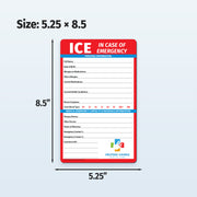 ICE (In Case of Emergency) card with dimensions on a light gray background