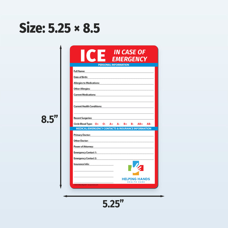 ICE (In Case of Emergency) card with dimensions on a light gray background