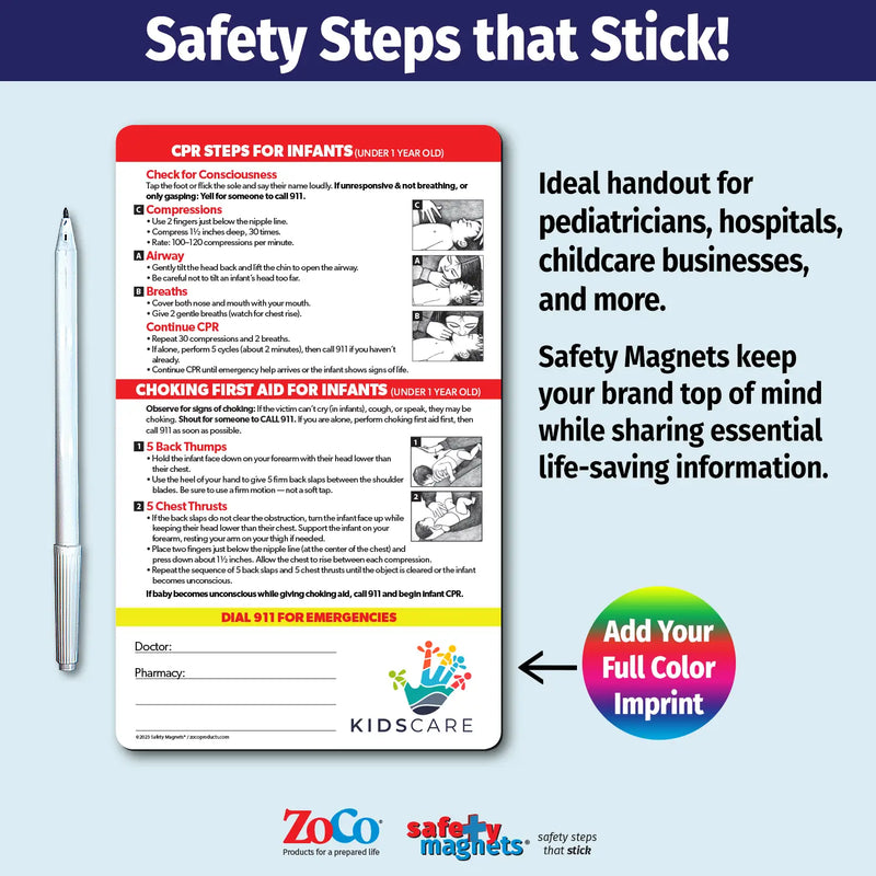 Infant CPR and choking first aid magnet for children under 1 year old. Includes illustrated step-by-step instructions for CPR—checking consciousness, chest compressions with two fingers, opening the airway, giving breaths, and repeating cycles. Also covers choking first aid with back thumps and chest thrusts. Emergency contact fields and customizable logo/text area at the bottom.