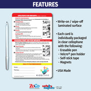 Infant CPR and choking first aid magnet for children under 1 year old. Includes illustrated step-by-step instructions for CPR—checking consciousness, chest compressions with two fingers, opening the airway, giving breaths, and repeating cycles. Also covers choking first aid with back thumps and chest thrusts. Emergency contact fields and customizable logo/text area at the bottom.