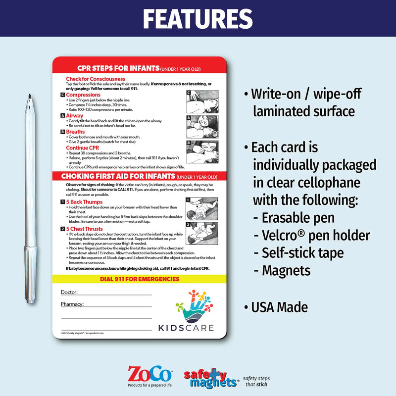 Infant CPR and choking first aid magnet for children under 1 year old. Includes illustrated step-by-step instructions for CPR—checking consciousness, chest compressions with two fingers, opening the airway, giving breaths, and repeating cycles. Also covers choking first aid with back thumps and chest thrusts. Emergency contact fields and customizable logo/text area at the bottom.