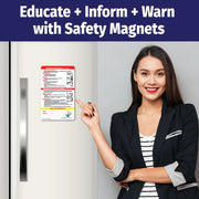 Infant CPR and choking first aid magnet for children under 1 year old. Includes illustrated step-by-step instructions for CPR—checking consciousness, chest compressions with two fingers, opening the airway, giving breaths, and repeating cycles. Also covers choking first aid with back thumps and chest thrusts. Emergency contact fields and customizable logo/text area at the bottom.