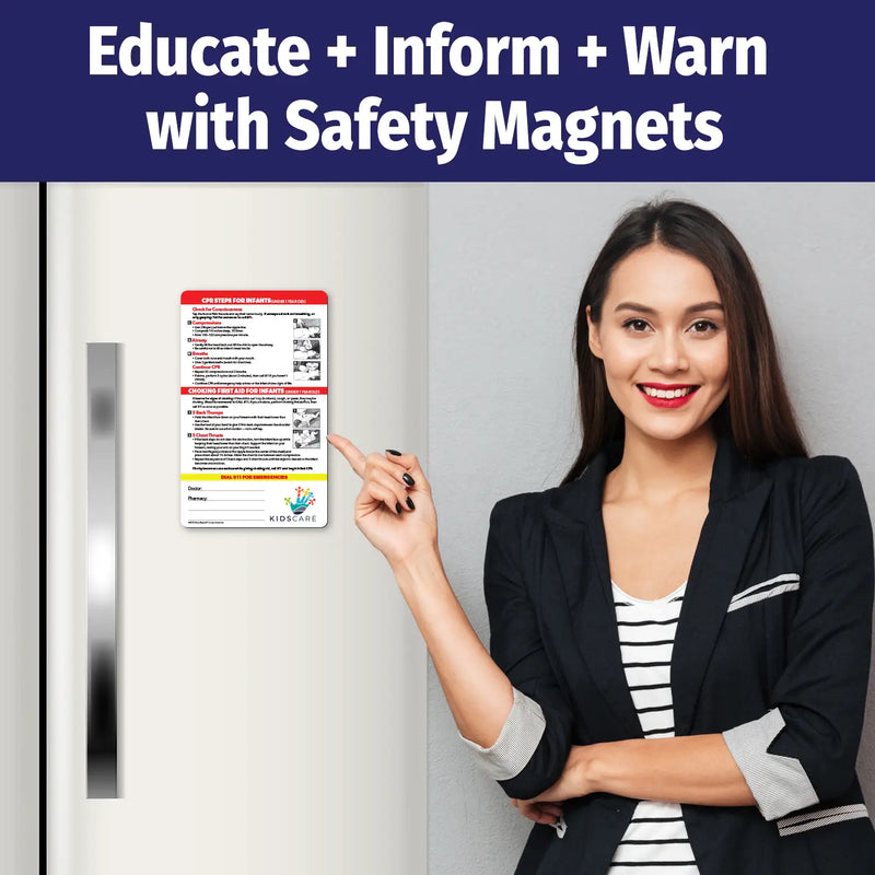 Infant CPR and choking first aid magnet for children under 1 year old. Includes illustrated step-by-step instructions for CPR—checking consciousness, chest compressions with two fingers, opening the airway, giving breaths, and repeating cycles. Also covers choking first aid with back thumps and chest thrusts. Emergency contact fields and customizable logo/text area at the bottom.